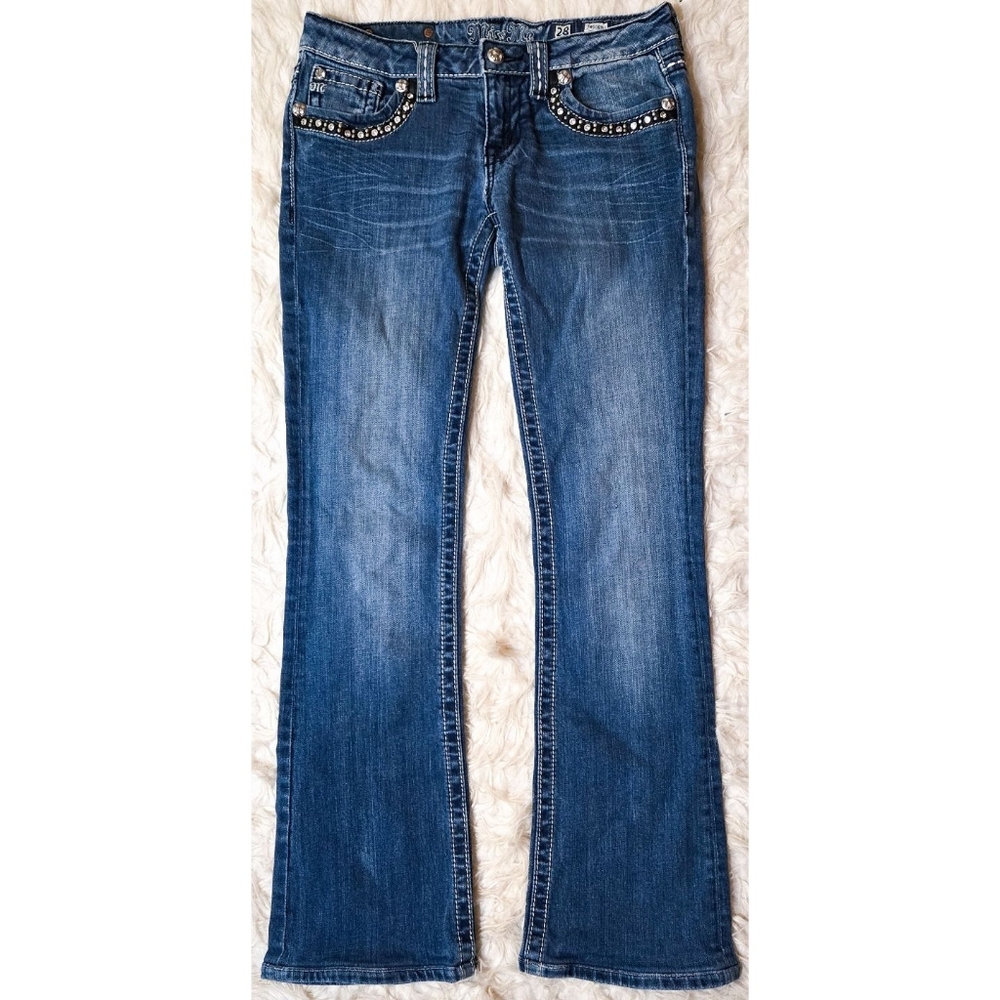 Miss Me Bootcut Jeans Dark Wash Bling Black Leather Trim Y2K Jewel Low Rise